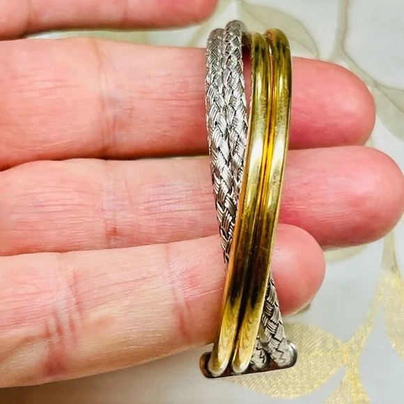 925 Sterling Silver Double Twist Cuff Bracelet Two Tone Italy 23g Sz 6-6.25” - Picture 5 of 10